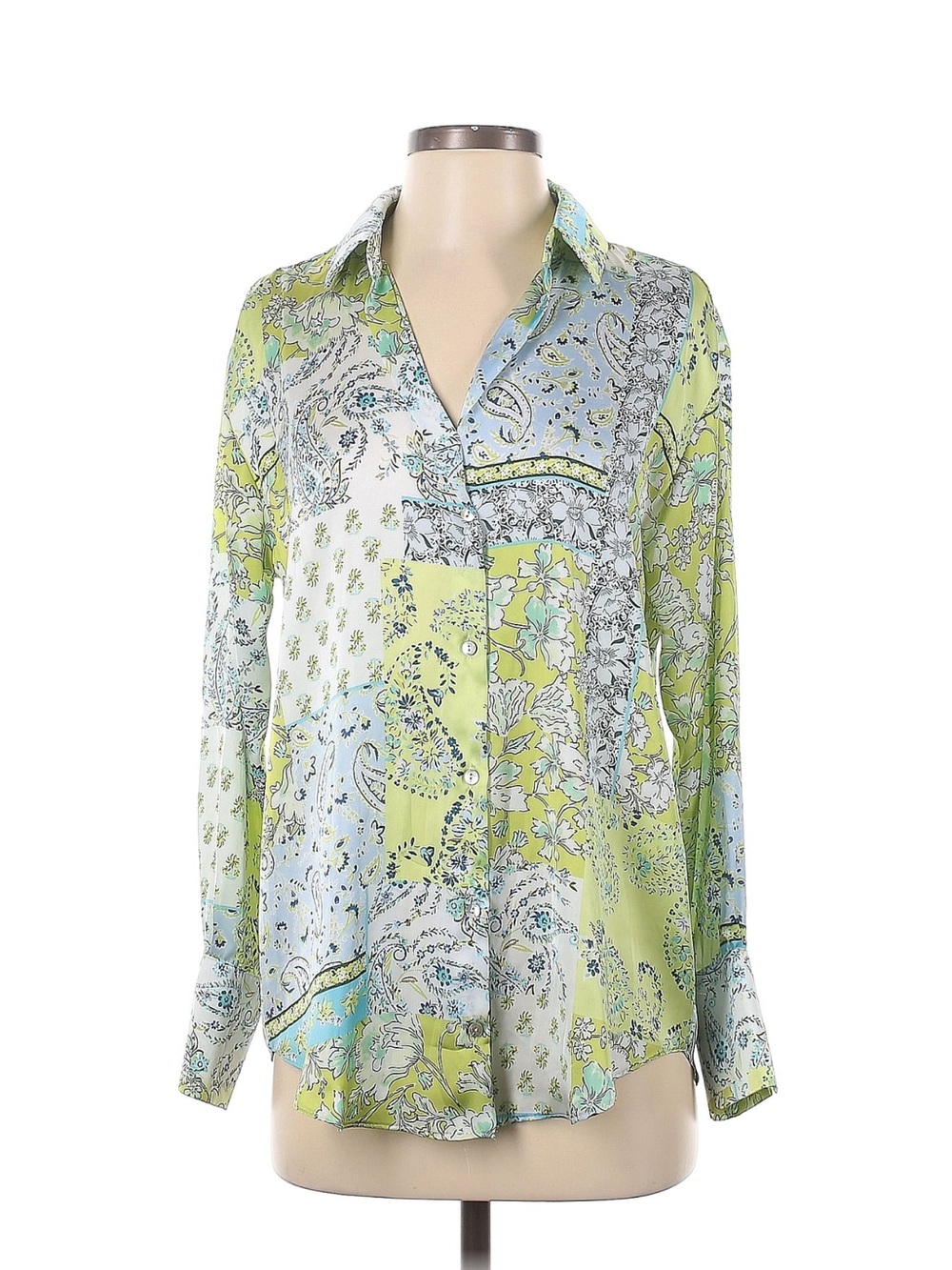 Zara Light Green & Light Blue Patchwork Button-Down Shirt